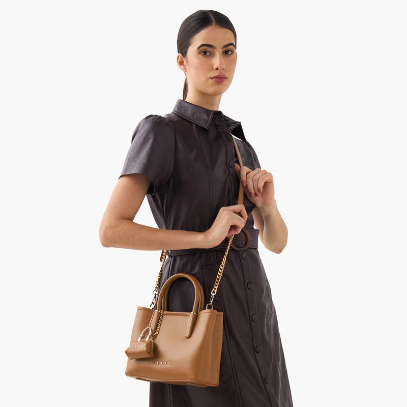Sisley Sisley-Tote bag W/Textured PU & bag charm details-Camel-Q2-AW25